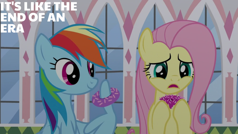 Size: 1920x1080 | Tagged: safe, derpibooru import, edit, edited screencap, editor:quoterific, screencap, fluttershy, rainbow dash, pegasus, pony, season 9, the ending of the end, spoiler:s09, donut, duo, female, food, image, mare, open mouth, png, smiling, text, wing hands, wings