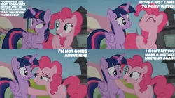 Size: 4400x2475 | Tagged: safe, derpibooru import, edit, edited screencap, editor:quoterific, screencap, pinkie pie, twilight sparkle, twilight sparkle (alicorn), alicorn, earth pony, pony, season 4, trade ya, ^^, duo, eyes closed, female, grin, image, mare, open mouth, open smile, png, smiling, text