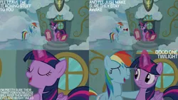 Size: 4400x2475 | Tagged: safe, derpibooru import, edit, edited screencap, editor:quoterific, screencap, rainbow dash, twilight sparkle, twilight sparkle (alicorn), alicorn, pegasus, pony, season 6, top bolt, ^^, duo, eyes closed, female, flying, glow, glowing horn, horn, image, magic, mare, open mouth, open smile, png, smiling, spread wings, telekinesis, text, wings