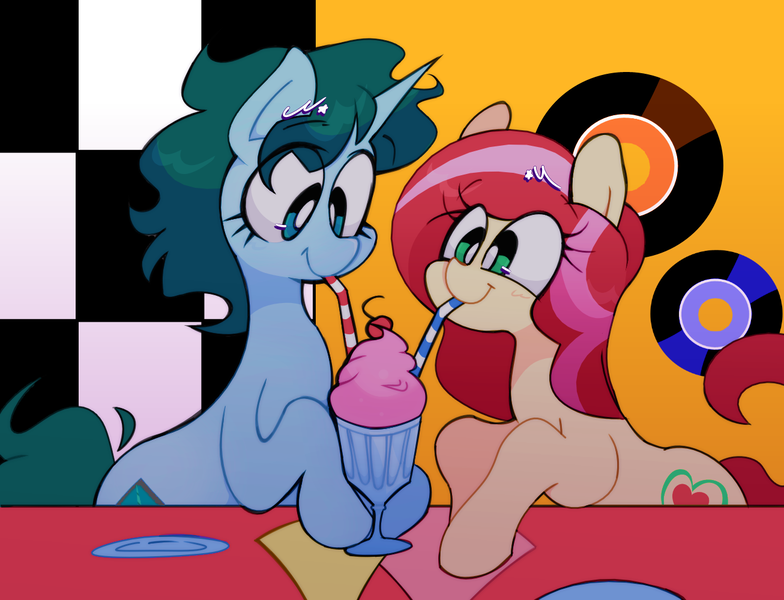 Size: 1306x1000 | Tagged: safe, artist:opossum-stuff, derpibooru import, oc, oc:aquaria lance, oc:bleeding heart, unofficial characters only, earth pony, pony, unicorn, 80s, checkerboard, cute, date, diner, duo, earth pony oc, horn, image, milkshake, ocbetes, png, records, sharing a drink, smiling, straw, table, unicorn oc, white pupils