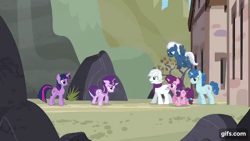 Size: 640x360 | Tagged: safe, derpibooru import, screencap, double diamond, night glider, party favor, starlight glimmer, sugar belle, twilight sparkle, twilight sparkle (alicorn), alicorn, earth pony, pegasus, pony, unicorn, season 5, the cutie re-mark, ^^, animated, eyes closed, female, flying, gif, gifs.com, horn, image, male, mare, open mouth, s5 starlight, smiling, spread wings, stallion, wings