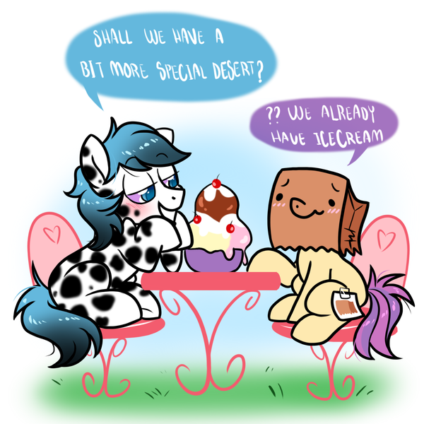 Size: 1300x1300 | Tagged: safe, artist:paperbagpony, derpibooru import, oc, oc:dot, oc:paper bag, blushing, dialogue, fake cutie mark, food, ice cream, image, png