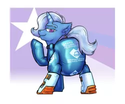 Size: 3000x2500 | Tagged: suggestive, artist:krd, derpibooru import, trixie, unicorn, blue hair, boots, clothes, diaper, diaper fetish, female, fetish, image, jpeg, latex, latex suit, looking at you, looking back, looking back at you, purple eyes, quadrupedal, shoes, solo, stars, text