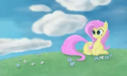 Size: 1280x768 | Tagged: safe, artist:kalivian, derpibooru import, fluttershy, pegasus, pony, cloud, flower, image, jpeg, sky, smiling, solo