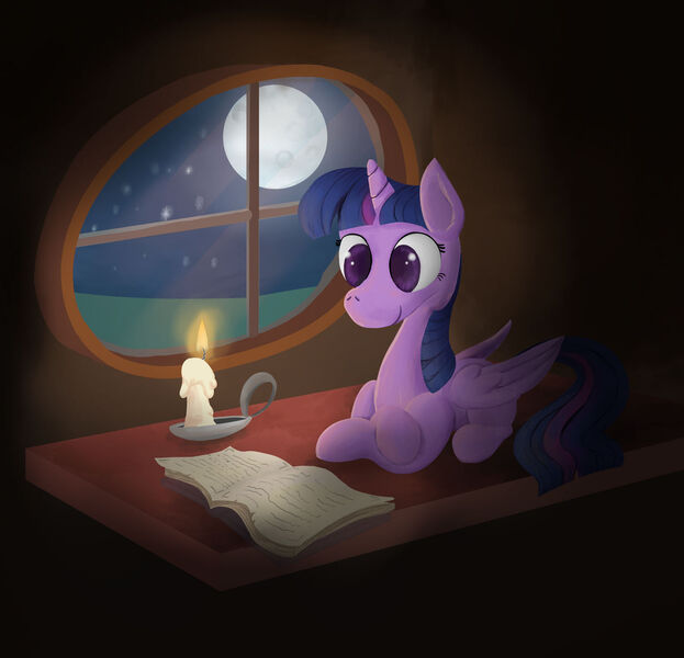 Size: 1280x1233 | Tagged: safe, artist:kalivian, derpibooru import, twilight sparkle, twilight sparkle (alicorn), alicorn, pony, atg 2021, book, candle, horn, image, jpeg, moon, newbie artist training grounds, night, reading, solo, stars, window, wings