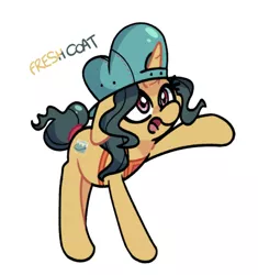 Size: 1800x1911 | Tagged: safe, artist:kindakismet, derpibooru import, fresh coat, pony, unicorn, backwards ballcap, baseball cap, cap, female, hat, horn, image, jpeg, mare, raised hoof, simple background, solo, white background