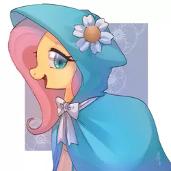 Size: 2000x2000 | Tagged: safe, artist:hosikawa, derpibooru import, fluttershy, pony, aside glance, bowtie, clothes, female, flower, high res, image, jpeg, looking at you, mare, open mouth, open smile, partial background, profile, sideways glance, simple background, smiling, solo, taffeta cape, white background