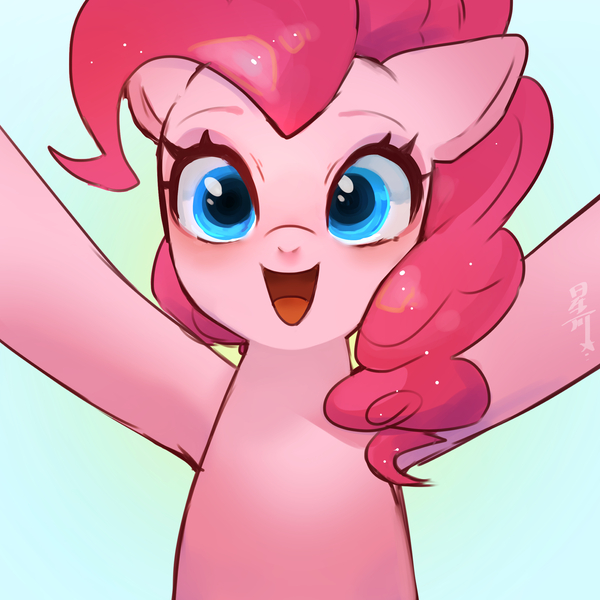 Size: 2400x2400 | Tagged: safe, artist:hosikawa, derpibooru import, pinkie pie, earth pony, pony, blue background, female, gradient background, green background, image, jpeg, looking at you, mare, open mouth, open smile, simple background, smiling, smiling at you, solo