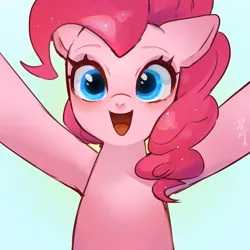 Size: 2400x2400 | Tagged: safe, artist:hosikawa, derpibooru import, pinkie pie, earth pony, pony, blue background, female, gradient background, green background, image, jpeg, looking at you, mare, open mouth, open smile, simple background, smiling, smiling at you, solo