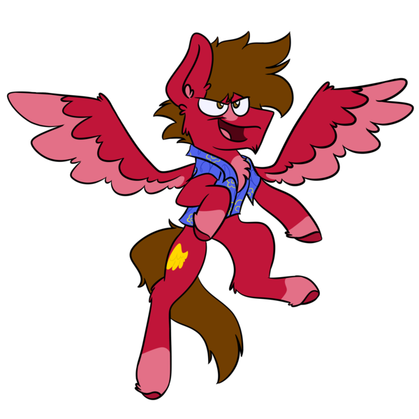 Size: 2800x2800 | Tagged: safe, artist:grandfinaleart, derpibooru import, oc, oc:grand finale, pegasus, pony, brown mane, clothes, digital art, dynamic pose, flying, hawaiian shirt, image, png, red fur, shirt, simple background, smiling, solo, spread wings, transparent background, unshorn fetlocks, wings