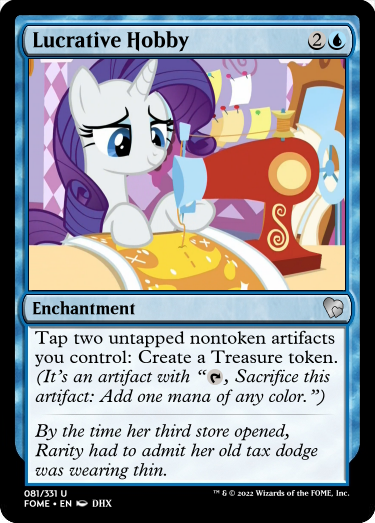 Size: 375x523 | Tagged: safe, derpibooru import, edit, screencap, rarity, father knows beast, carousel boutique, ccg, image, implied tax evasion, magic the gathering, png, sewing, sewing machine, trading card, trading card edit