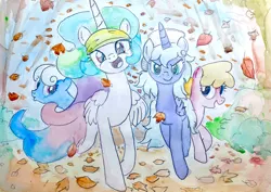 Size: 2812x1995 | Tagged: safe, artist:mandumustbasukanemen, derpibooru import, princess celestia, princess luna, alicorn, earth pony, pony, autumn, forest, image, jpeg, leaves, running of the leaves, traditional art, tree, watercolor painting