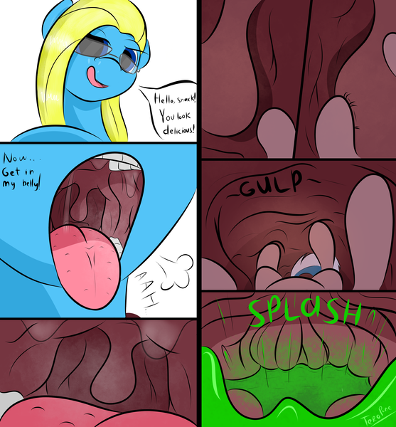 Size: 3150x3393 | Tagged: suggestive, artist:teropone, derpibooru import, oc, oc:cuteamena, oc:flushie, unofficial characters only, pony, female, giantess, glasses, image, inside mouth, inside stomach, macro, macro/micro, mare, mare pred, mare prey, mawplay, mawshot, micro, offscreen character, open mouth, png, pony pred, pony prey, pov, pov vore, safe vore, soft vore, stomach acid, swallowing, throat, unwilling prey, unwilling vore, uvula, uvula shaking, vore