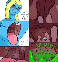 Size: 3150x3393 | Tagged: suggestive, artist:teropone, derpibooru import, oc, oc:cuteamena, oc:flushie, unofficial characters only, pony, female, giantess, glasses, image, inside mouth, inside stomach, macro, macro/micro, mare, mare pred, mare prey, mawplay, mawshot, micro, offscreen character, open mouth, png, pony pred, pony prey, pov, pov vore, safe vore, soft vore, stomach acid, swallowing, throat, unwilling prey, unwilling vore, uvula, uvula shaking, vore