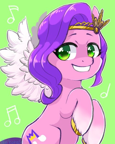 Size: 960x1200 | Tagged: safe, artist:yukkuri_yu_yu, derpibooru import, pipp petals, pegasus, pony, eye clipping through hair, female, g5, green background, headband, image, jpeg, looking at you, mare, music notes, simple background, smiling, smiling at you, solo, spread wings, unshorn fetlocks, wings