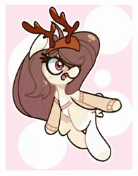 Size: 1800x2293 | Tagged: safe, artist:kindakismet, derpibooru import, oc, unofficial characters only, earth pony, pony, antlers, art trade, bandaid, circle background, clothes, female, hair over one eye, image, jpeg, mare, open mouth, reindeer antlers, simple background, solo, white background