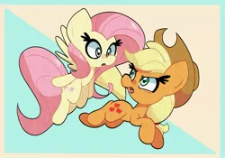 Size: 2327x1632 | Tagged: safe, artist:kindakismet, derpibooru import, applejack, fluttershy, earth pony, pegasus, pony, :o, applejack's hat, beige background, blue background, cowboy hat, cyan background, duo, duo female, female, flying, hat, image, jpeg, looking at each other, looking at someone, looking back, mare, open mouth, running, simple background, spread wings, wings