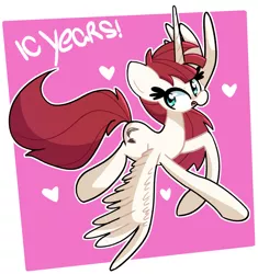 Size: 1596x1696 | Tagged: safe, artist:kindakismet, derpibooru import, oc, oc:fausticorn, unofficial characters only, alicorn, pony, female, flying, heart, horn, image, jpeg, lauren faust, looking at you, mare, open mouth, partial background, simple background, solo, spread wings, white background, wings