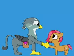 Size: 2000x1500 | Tagged: safe, artist:blazewing, derpibooru import, apple bloom, babs seed, gabby, scootaloo, sweetie belle, earth pony, gryphon, pony, atg 2022, bag, blue background, colored background, cutie mark crusaders, drawpile, female, filly, fist bump, foal, hoofbump, image, mailbag, newbie artist training grounds, png, simple background, smiling