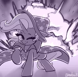 Size: 1171x1165 | Tagged: safe, artist:llametsul, derpibooru import, trixie, pony, unicorn, atg 2022, cape, clothes, cool guys don't look at explosions, cute, explosion, female, image, mare, monochrome, newbie artist training grounds, png, signature, solo, trixie's cape