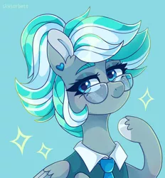 Size: 1992x2143 | Tagged: safe, artist:skysorbett_art, derpibooru import, oc, oc:shirley flow, unofficial characters only, pegasus, pony, blue eyes, clothes, female, g5, glasses, image, jewelry, mare, necktie, oda 1997, oda 997, pegasus oc, png, solo, wings