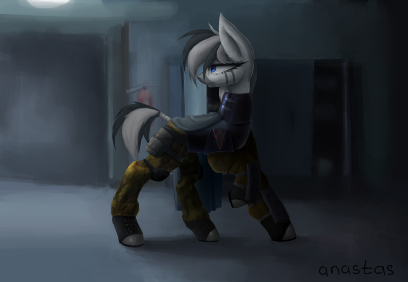 Size: 2600x1800 | Tagged: safe, artist:anastas, derpibooru import, oc, unofficial characters only, zebra, alternate versions, armor, blue eyes, cape, cloak, clothes, detailed background, female, fire extinguisher, hoofprints, image, mare, military uniform, outfit, png, reised hoof, solo, standing, stripes, uniform, wolfenstein