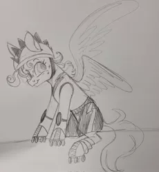 Size: 1885x2048 | Tagged: safe, artist:woollily, derpibooru import, oc, unofficial characters only, pegasus, clothes, helmet, image, jpeg, monochrome, pegasus oc, roller skates, shorts, solo, traditional art, wings