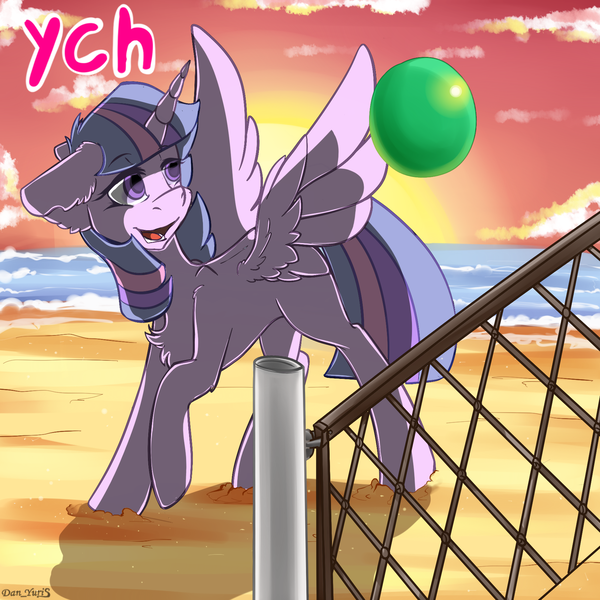 Size: 1780x1780 | Tagged: safe, artist:yuris, derpibooru import, oc, pony, advertisement, auction, auction open, ball, beach volleyball, commission, cute, image, ocean, png, red sky, sand, smiling, solo, sports, sunset, volleyball, volleyball net, water, ych sketch