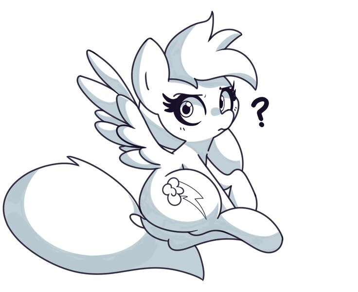 Size: 2154x1757 | Tagged: safe, artist:kindakismet, derpibooru import, rainbow dash, pegasus, pony, butt, female, gray background, image, jpeg, looking at you, looking back, looking back at you, lying down, mare, monochrome, plot, question mark, side, simple background, solo, spread wings, wings