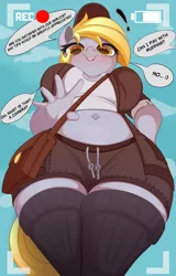 Size: 3000x4700 | Tagged: safe, alternate version, artist:nording34, derpibooru import, derpy hooves, anthro, pegasus, bag, big breasts, breasts, busty derpy hooves, camera, clothes, dialogue, female, hand, image, looking at you, low angle, mailbag, mailmare, mailpony, png, shorts, socks, solo, solo female, stockings, text, thigh highs, thighs, thunder thighs