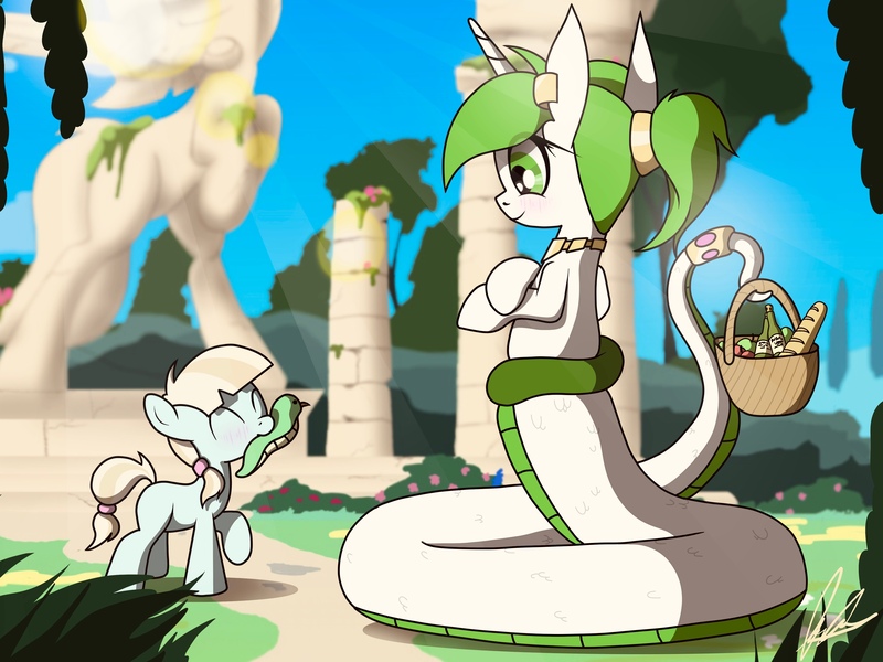 Size: 4000x3000 | Tagged: safe, artist:flaremoon, derpibooru import, oc, oc:thymian, lamia, original species, pony, baguette, basket, bread, eyes closed, female, filly, foal, food, image, jpeg, mare, mouth hold, plushie, statue, temple