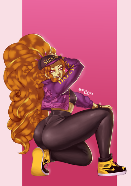 Size: 1754x2480 | Tagged: safe, artist:nire, derpibooru import, adagio dazzle, equestria girls, adagio dat-azzle, bracelet, breasts, cap, clothes, curvy, ear piercing, earring, eyeshadow, female, hat, image, jacket, jewelry, large butt, leggings, lidded eyes, lipstick, looking at you, looking back, looking back at you, makeup, midriff, mole, nail polish, piercing, png, shoes, small breasts, smiling, smiling at you, solo, spiked wristband, thick, tight clothing, wide hips, wristband