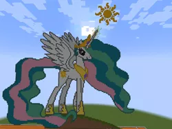 Size: 1280x961 | Tagged: safe, derpibooru import, princess celestia, alicorn, pony, crown, ethereal hair, female, glow, glowing horn, hair, hill, horn, image, jewelry, minecraft, minecraft pixel art, pixel art, png, regalia, solo, solo female, sun work, wings