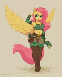 Size: 1600x2000 | Tagged: safe, artist:asimos, derpibooru import, fluttershy, anthro, pegasus, arm warmers, bag, belly button, belt, boots, breasts, cleavage, clothes, female, herbalist, image, midriff, plant, png, shoes, socks, solo, spread wings, thigh boots, thigh highs, wings