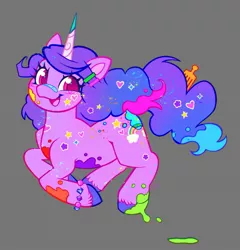 Size: 1643x1710 | Tagged: safe, artist:catmintyt, derpibooru import, izzy moonbow, pony, unicorn, bracelet, female, g5, gray background, happy, image, jewelry, jpeg, jumping, looking at you, mare, open mouth, open smile, paint, simple background, smiling, smiling at you, solo, sticker, unshorn fetlocks