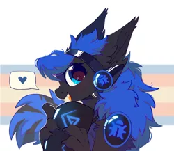 Size: 1980x1716 | Tagged: safe, artist:mirtash, derpibooru import, oc, oc:blue visions, unofficial characters only, changeling, cyborg, blue changeling, changeling oc, commission, female, image, open mouth, open smile, png, pride, pride flag, protogen, smiling, solo, transgender pride flag