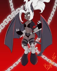 Size: 2001x2472 | Tagged: safe, artist:bydena, derpibooru import, ponified, bat pony, pony, boots, chains, clothes, female, helltaker, image, judgement, judgement (helltaker), pentagram, png, shoes, smiling, solo, solo female, tail