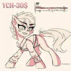 Size: 2500x2500 | Tagged: safe, artist:leah minik, derpibooru import, oc, unofficial characters only, pony, fallout equestria, any race, bullet, chest fluff, clothes, commission, grin, image, life bar, looking away, pipbuck, png, shooting, smiling, solo, your character here