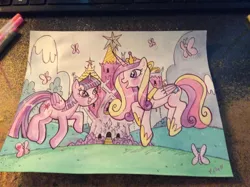 Size: 900x673 | Tagged: safe, artist:marybellamy, derpibooru import, princess cadance, twilight sparkle, twilight sparkle (alicorn), alicorn, butterfly, insect, commission, dancing, happy, image, jpeg, san diego comic con, sisters-in-law, sunshine sunshine, traditional art, twilight's castle