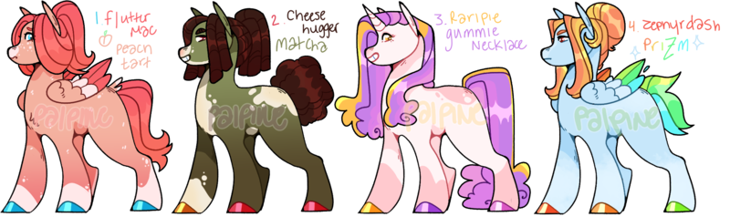 Size: 2258x672 | Tagged: safe, artist:palpine, derpibooru import, oc, oc:gummi necklace, oc:matcha, oc:peach tart, oc:prizm, unofficial characters only, earth pony, pegasus, pony, unicorn, earth pony oc, female, grin, hooves, horn, image, magical lesbian spawn, male, mare, multicolored hooves, offspring, parent:big macintosh, parent:cheese sandwich, parent:fluttershy, parent:pinkie pie, parent:rainbow dash, parent:rarity, parent:tree hugger, parent:zephyr breeze, parents:cheesehugger, parents:fluttermac, parents:raripie, parents:zephdash, pegasus oc, png, simple background, smiling, stallion, transparent background, unicorn oc, wings