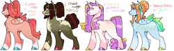 Size: 2258x672 | Tagged: safe, artist:palpine, derpibooru import, oc, oc:gummi necklace, oc:matcha, oc:peach tart, oc:prizm, unofficial characters only, earth pony, pegasus, pony, unicorn, earth pony oc, female, grin, hooves, horn, image, magical lesbian spawn, male, mare, multicolored hooves, offspring, parent:big macintosh, parent:cheese sandwich, parent:fluttershy, parent:pinkie pie, parent:rainbow dash, parent:rarity, parent:tree hugger, parent:zephyr breeze, parents:cheesehugger, parents:fluttermac, parents:raripie, parents:zephdash, pegasus oc, png, simple background, smiling, stallion, transparent background, unicorn oc, wings