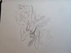 Size: 2048x1536 | Tagged: safe, artist:mellodillo, derpibooru import, oc, unofficial characters only, pegasus, pony, female, flying, grayscale, grin, image, jpeg, mailmare, mailpony uniform, mare, monochrome, pencil drawing, smiling, solo, traditional art