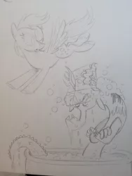 Size: 1536x2048 | Tagged: safe, artist:mellodillo, derpibooru import, derpy hooves, discord, draconequus, pegasus, pony, bathtub, duo, female, flying, frown, grayscale, grumpy, image, jpeg, mare, monochrome, pencil drawing, soap, traditional art
