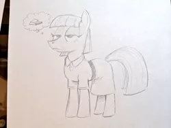 Size: 1024x768 | Tagged: safe, artist:mellodillo, derpibooru import, maud pie, earth pony, pony, clothes, dress, female, grayscale, image, jpeg, mare, monochrome, pencil drawing, rock, solo, thought bubble, traditional art