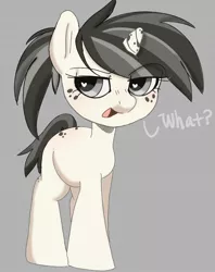 Size: 1119x1412 | Tagged: safe, artist:mushy, derpibooru import, oc, oc:steelie, pony, unicorn, female, filly, foal, freckles, gray background, heart, heart eyes, image, jpeg, looking at each other, looking at someone, photo, sassy, simple background, wingding eyes