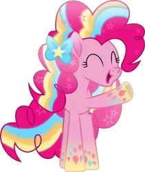 Size: 3554x4205 | Tagged: safe, artist:lincolnbrewsterfan, derpibooru import, pinkie pie, earth pony, pony, my little pony: the movie, the mean 6, .svg available, balloon, bow, eyes closed, female, gradient hooves, gradient mane, gradient tail, hair bow, heart, heart hoof, image, mare, movie accurate, png, rainbow power, rainbow power-ified, raised hoof, simple background, smiling, stars, striped mane, striped tail, tail, transparent background, vector