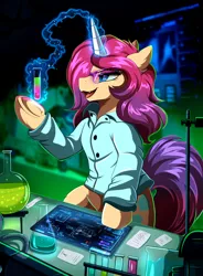Size: 2582x3509 | Tagged: safe, artist:pridark, derpibooru import, oc, unofficial characters only, pony, unicorn, button-up shirt, chemicals, clothes, flask, frog (hoof), image, laboratory, magic, png, scientist, shirt, solo, telekinesis, test tube, underhoof