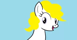 Size: 1280x667 | Tagged: safe, artist:disneyponyfan, derpibooru import, surprise, pegasus, pony, adoraprise, base used, blue background, cute, cyan background, female, g1, g1 to g4, g4, generation leap, image, jpeg, mare, ms paint, open mouth, open smile, purple eyes, simple background, smiling, solo, yellow hair, yellow mane