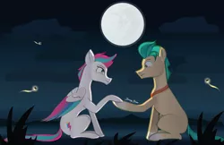 Size: 5100x3300 | Tagged: safe, artist:bronybran, derpibooru import, hitch trailblazer, zipp storm, earth pony, firefly (insect), insect, pegasus, pony, female, full moon, g5, hitchzipp, holding hooves, image, jpeg, looking at each other, looking at someone, male, mare, moon, shipping, signature, stallion, straight