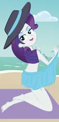 Size: 2364x4836 | Tagged: suggestive, artist:bronybran, derpibooru import, rarity, human, equestria girls, barefoot, beach, beach towel, bedroom eyes, clothes, feet, female, hat, image, jpeg, kneeling, sarong, solo, solo female, towel, undressing